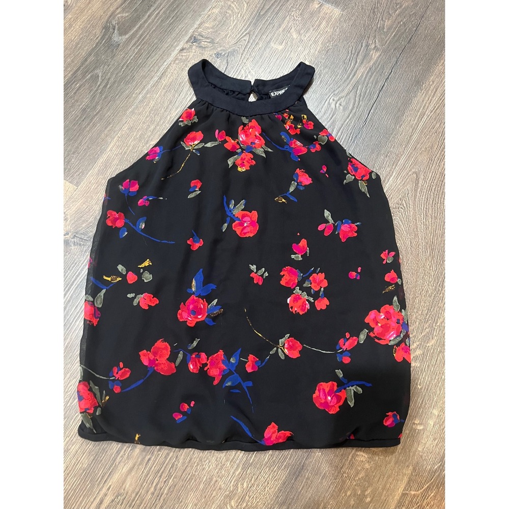 Express‎ Floral Halter Top Sleeveless Keyhole Blouse Black Red XS
